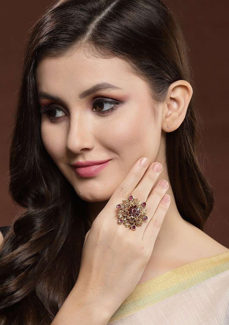 Gold Plated And Toned Pink Artificial Stones Studded Ring - Indya