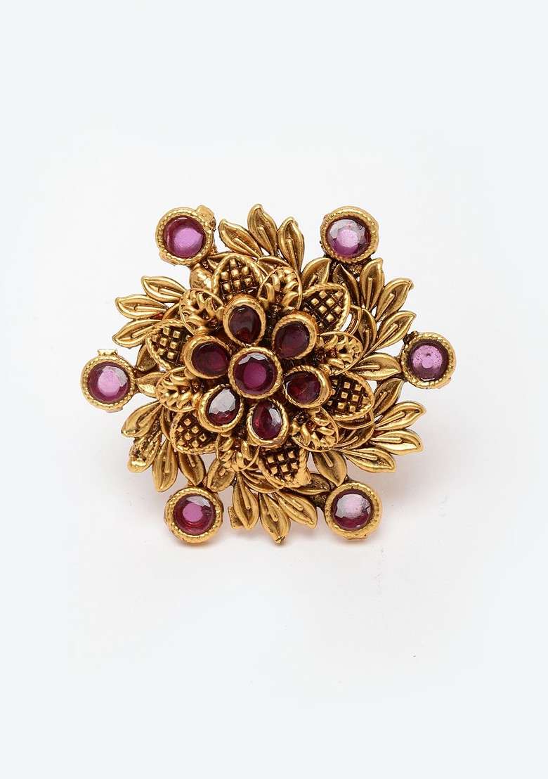 Gold Plated And Toned Pink Artificial Stones Studded Ring - Indya
