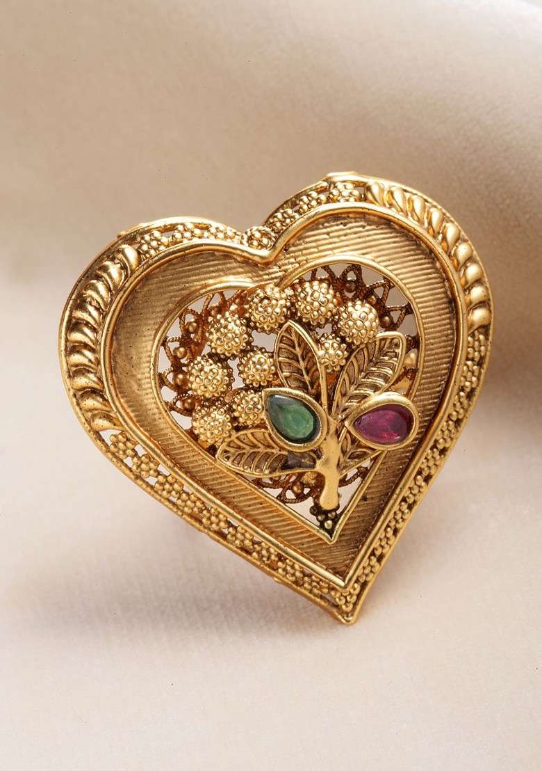 Women Gold Plated Red And Green Stone Heart Shaped Finger Ring - Indya
