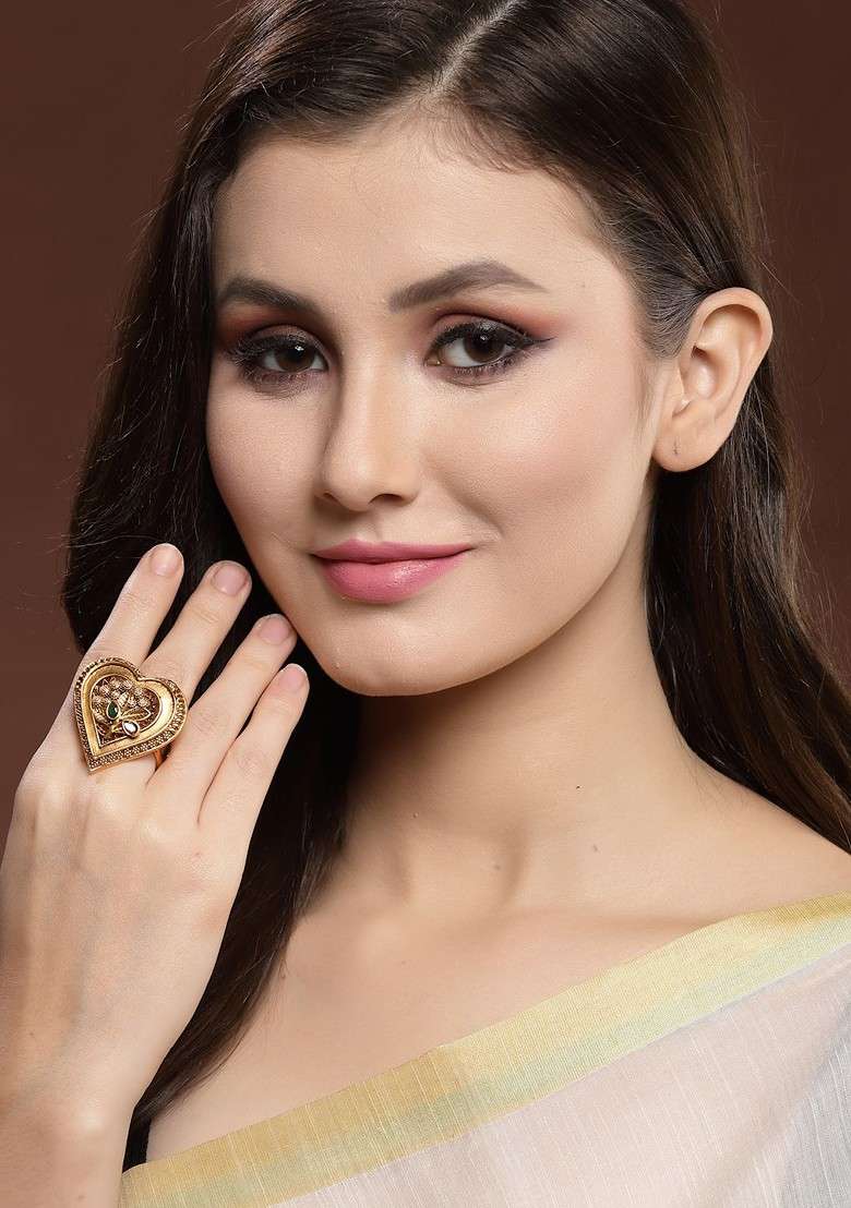 Women Gold Plated Red And Green Stone Heart Shaped Finger Ring - Indya