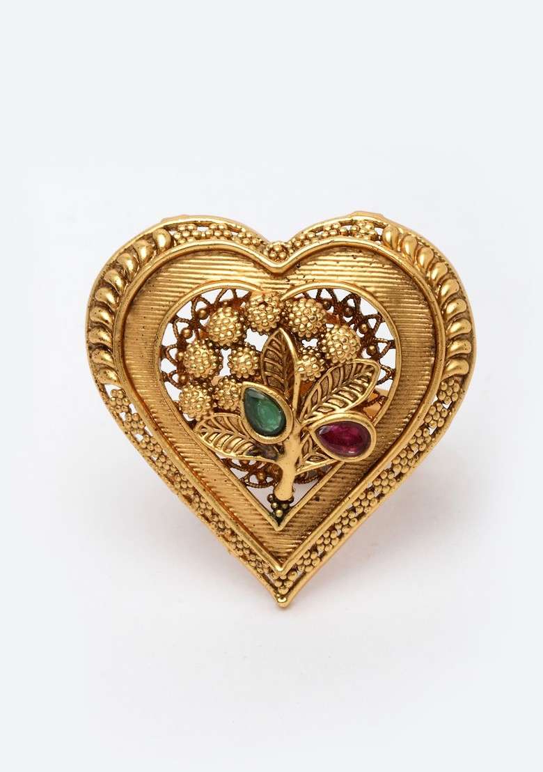 Women Gold Plated Red And Green Stone Heart Shaped Finger Ring - Indya