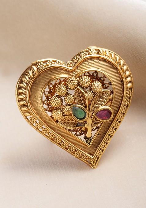 Women Gold Plated Red And Green Stone Heart Shaped Finger Ring