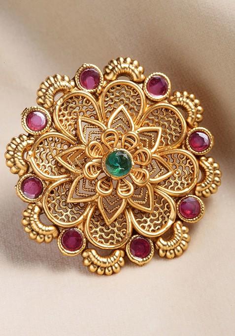 Women Gold Plated Purple And Green Kundan Studded Hand Painted Adjustable Finger Ring