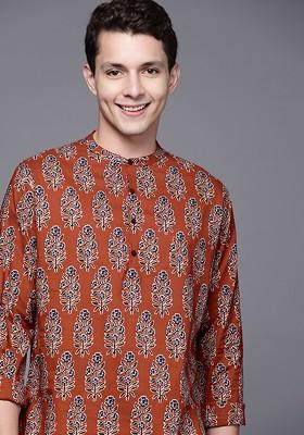 Men Rust And Navy Blue Cotton Printed Kurta