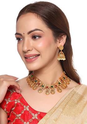 Gold Plated And Pink And Green Artificial Stones Studded Jewellery Set