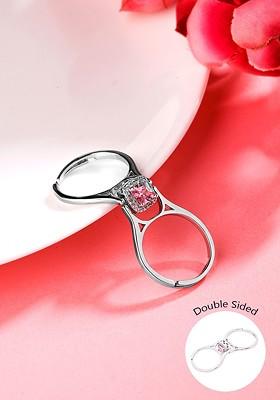 Silver Plated Pink Square Shaped Crystal Studded Dual Flip Ring