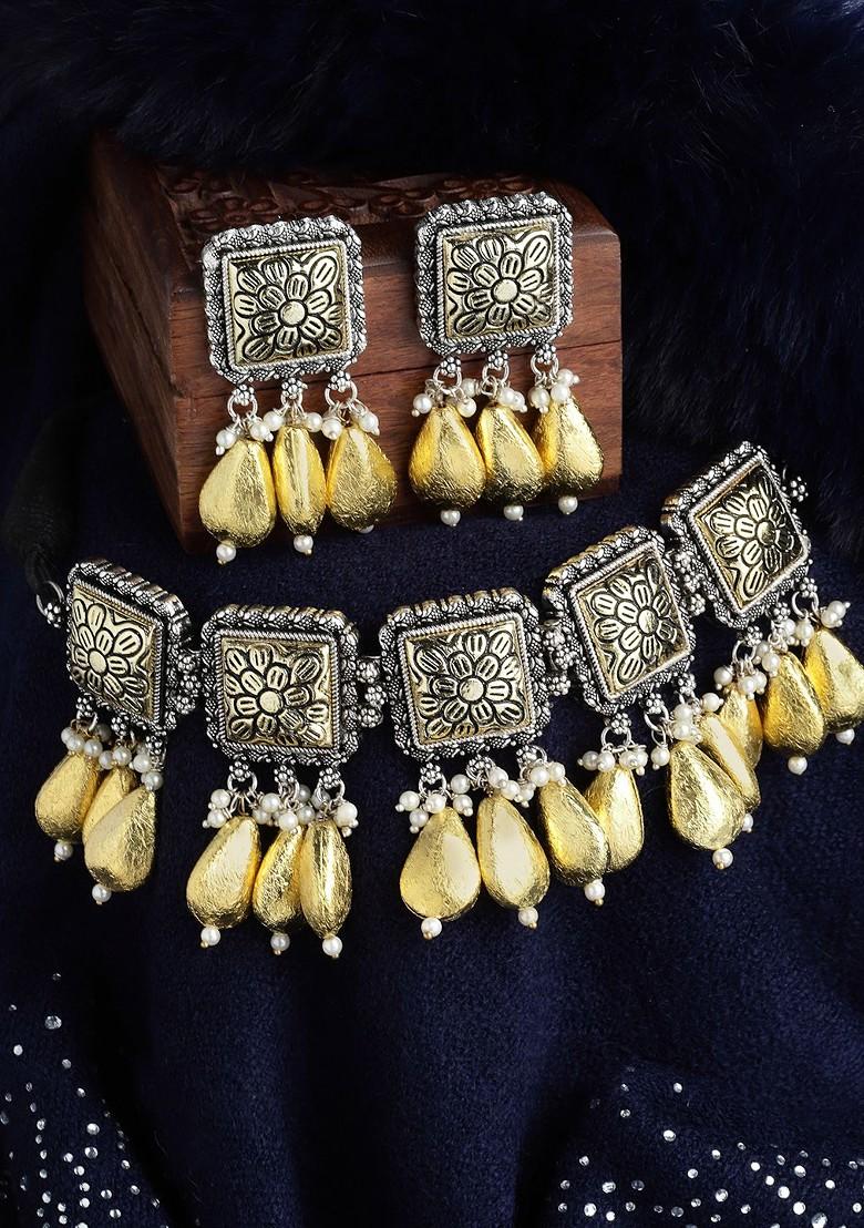 Gold Plated Gold Toned Beaded And Oxidezed Jewellery Set
