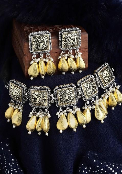 Gold Plated Gold Toned Beaded And Oxidezed Jewellery Set