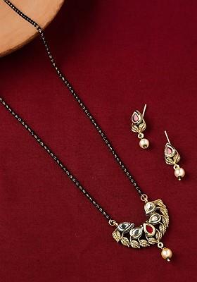 Gold Plated White And Black Stone Studded And  Beaded Mangalsutra With Earrings
