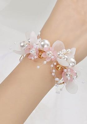 Pink And White Pearl Beaded Floral Fabric Wraparound Bracelet