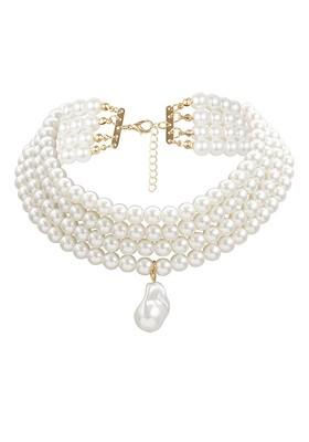 White And Gold Toned Pearl Studded Statement Necklace