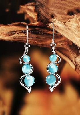 Silver Toned Blue Stone Beaded Snake Design Drop Earrings