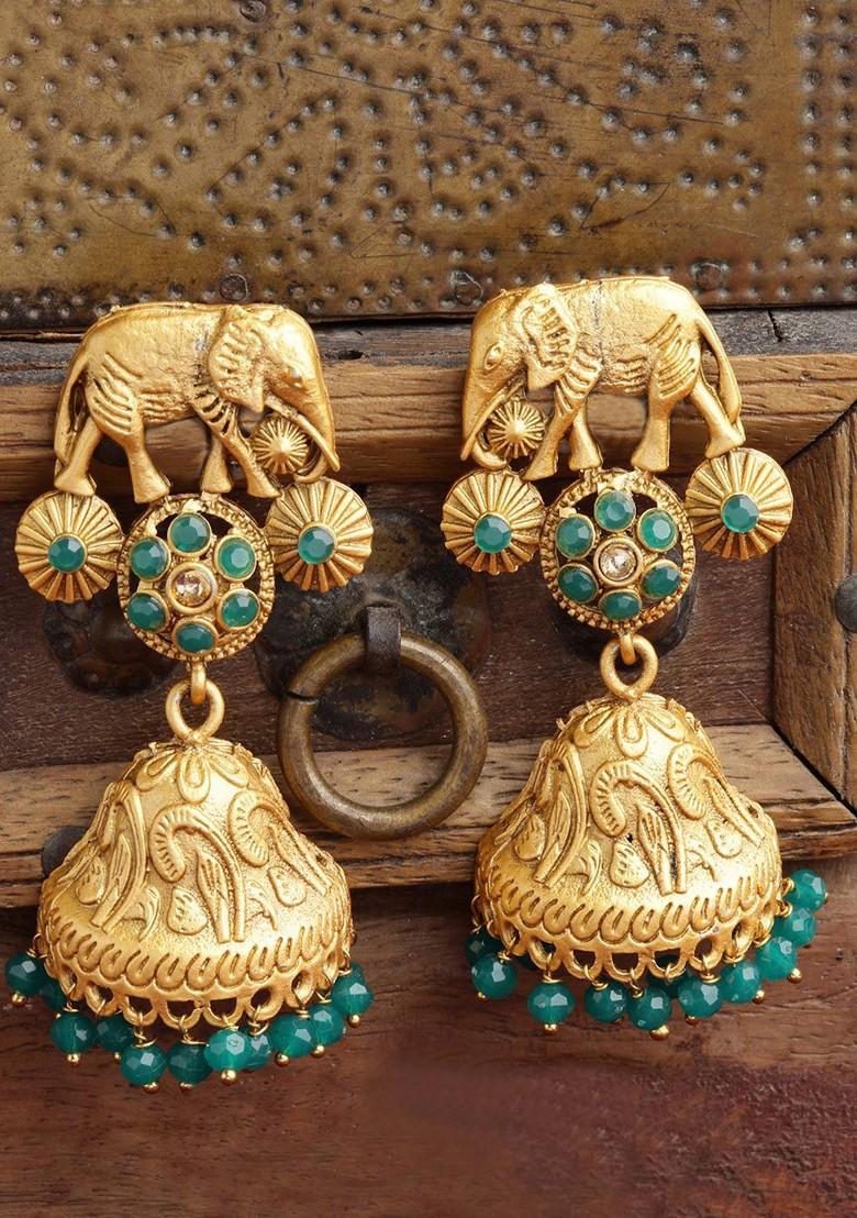 Gold Toned And Green Dome Shaped Jhumkas Earrings - Indya