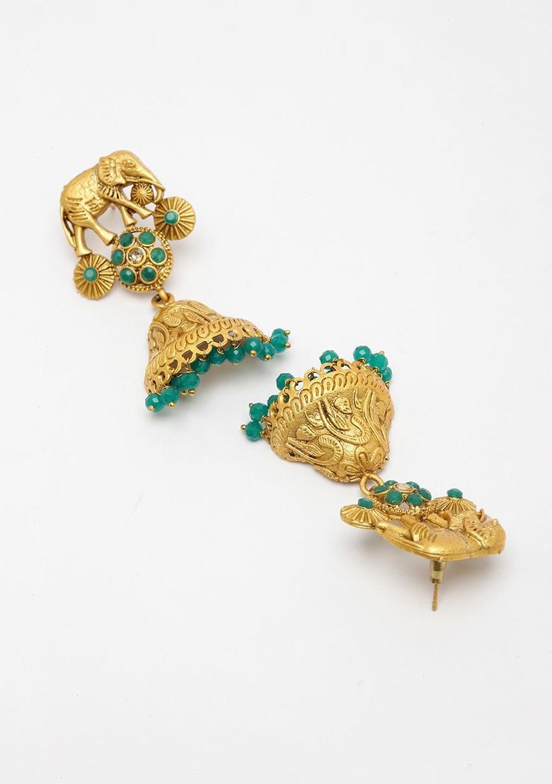 Gold Toned And Green Dome Shaped Jhumkas Earrings - Indya