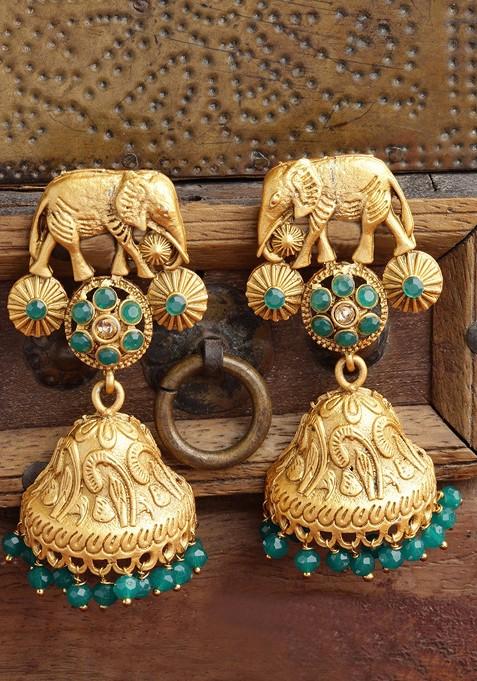 Gold Toned And Green Dome Shaped Jhumkas Earrings