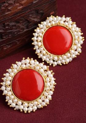 Gold Toned And White Circular Studs Earrings