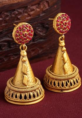 Gold Toned And Red Dome Shaped Jhumkas Earrings
