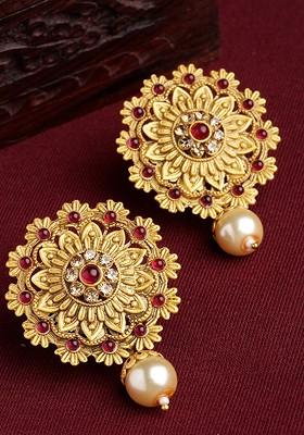 Gold Toned And Red Floral Drop Earrings