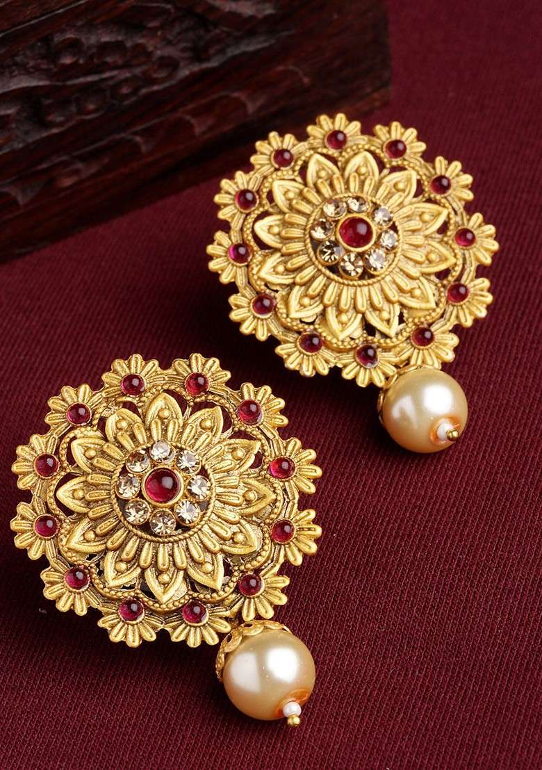 Gold Toned And Red Floral Drop Earrings - Indya
