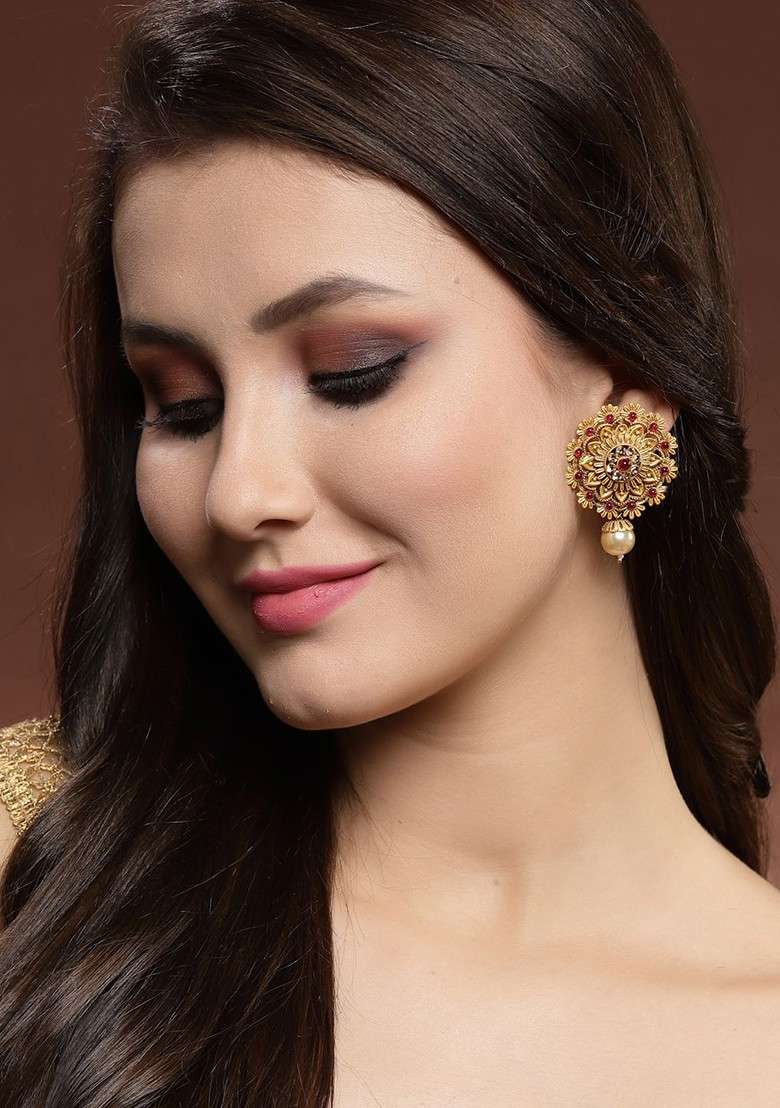 Gold Toned And Red Floral Drop Earrings - Indya
