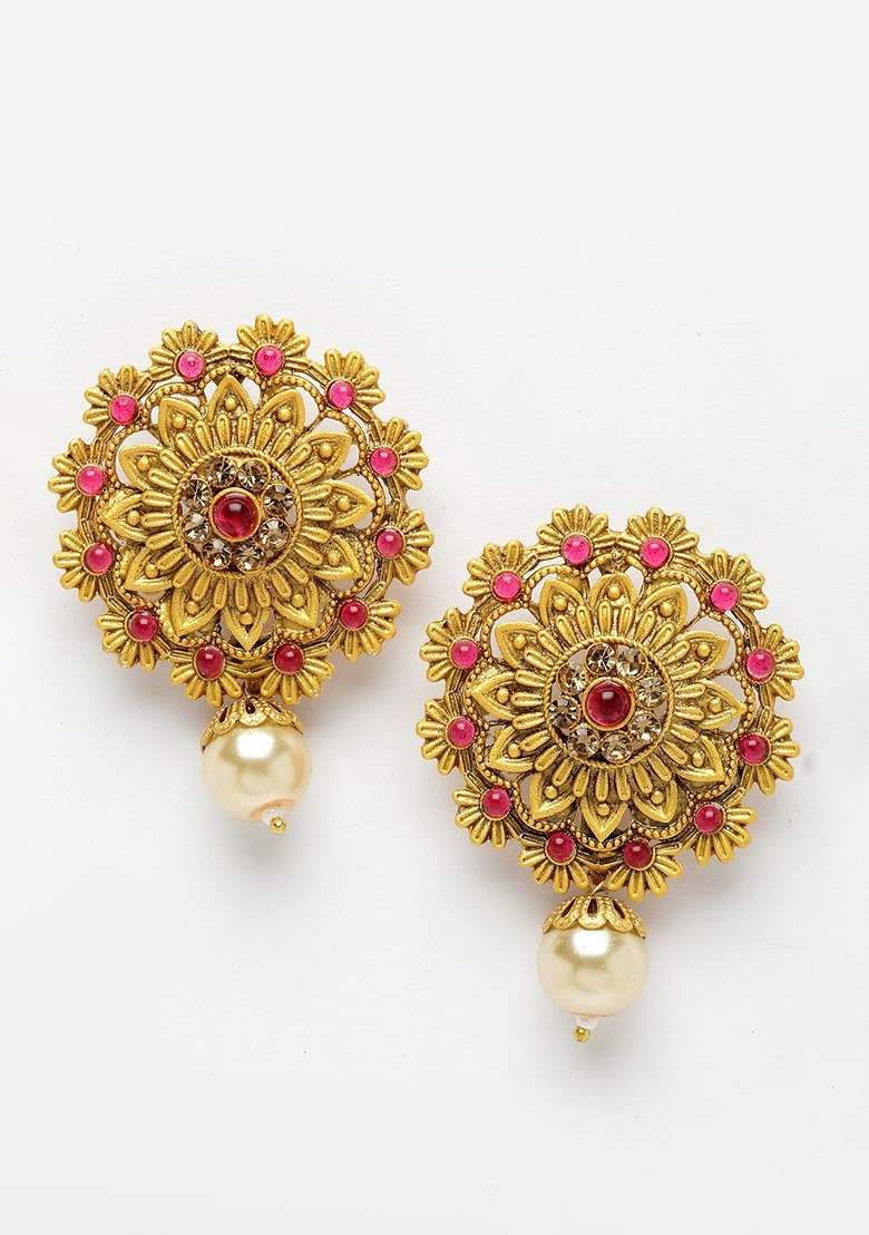 Gold Toned And Red Floral Drop Earrings - Indya