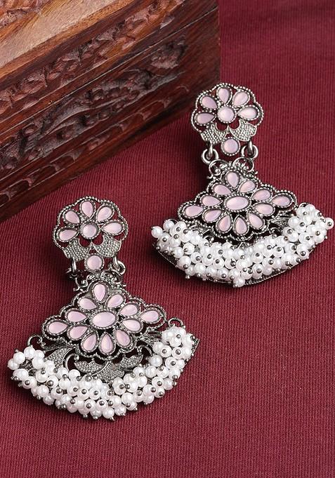 Silver Toned And White Floral Drop Earrings