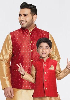 Men Plus Size Maroon And Gold Woven Design Silk Blend Nehru Jacket