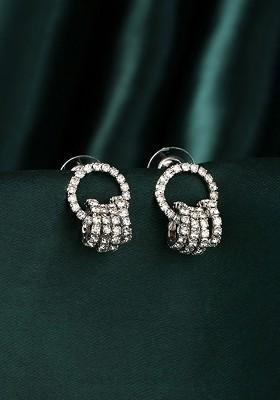 White And Silver Toned Crystal Studs Small Rings Attached Elegant Earrings