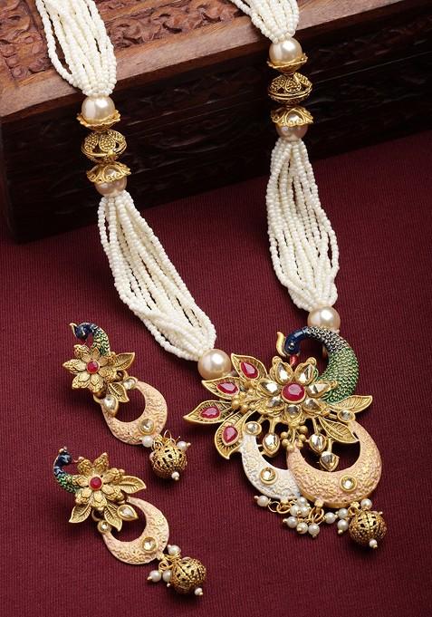 Gold Plated And Off White Peacock Shaped Kundan Jewellery Set