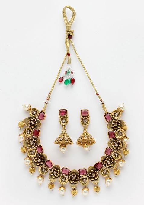 Gold Plated And Red Antique Jewellery Set