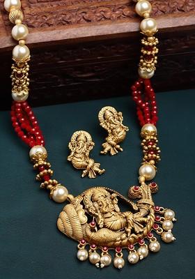 Gold Plated And Red Pearl Beaded Jewellery Set