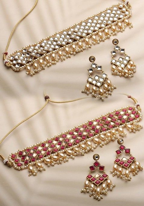 Gold Plated And Maroon Kundan Studded Reversible Jewellery Set