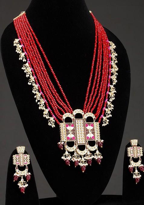 Gold Plated And Red Kundan And Pearls Beaded Jewellery Set