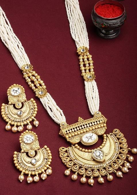 Gold Plated And White Kundan And Pearl Jewellery Set