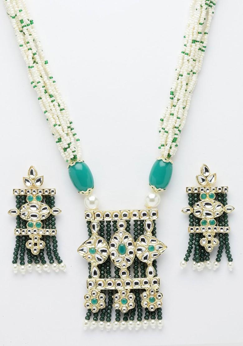 Gold Plated And White Kundan Studded And Beaded Jewellery Set - Indya