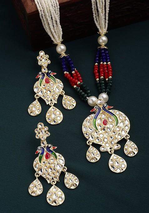 Gold Plated And White Kundan Studded And Pearl Beaded Jewellery Set