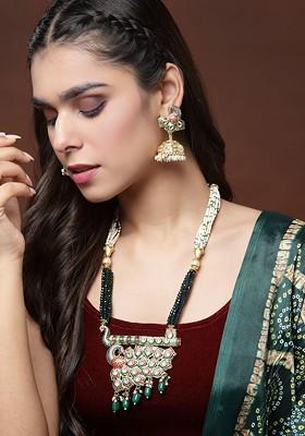 Gold Plated And Green Peacock Shaped Meenakari Kundan Jewellery Set