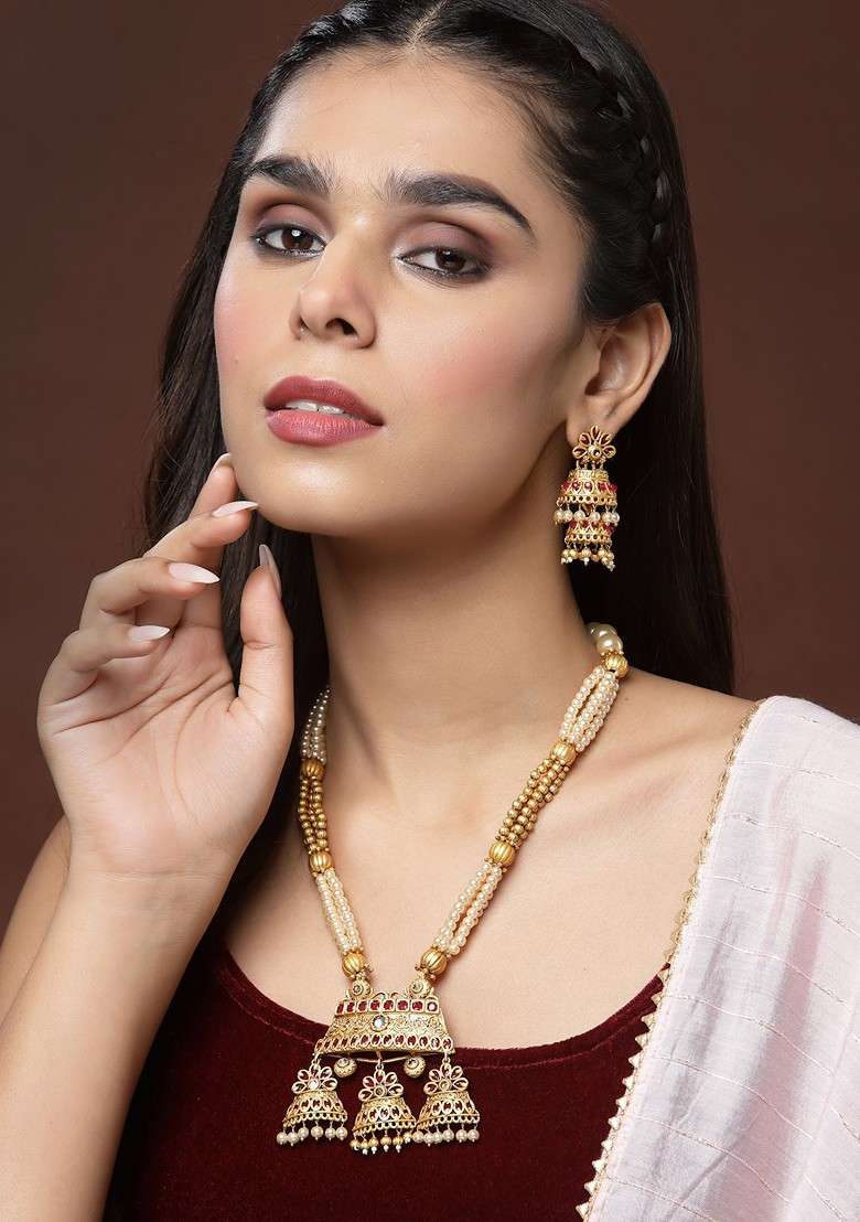 Gold Plated And Red Stone Studded And Beaded Jewellery Set - Indya