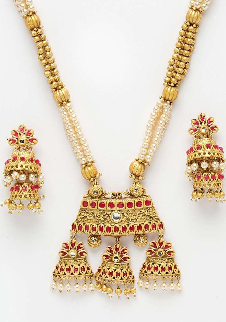 Gold Plated And Red Stone Studded And Beaded Jewellery Set - Indya