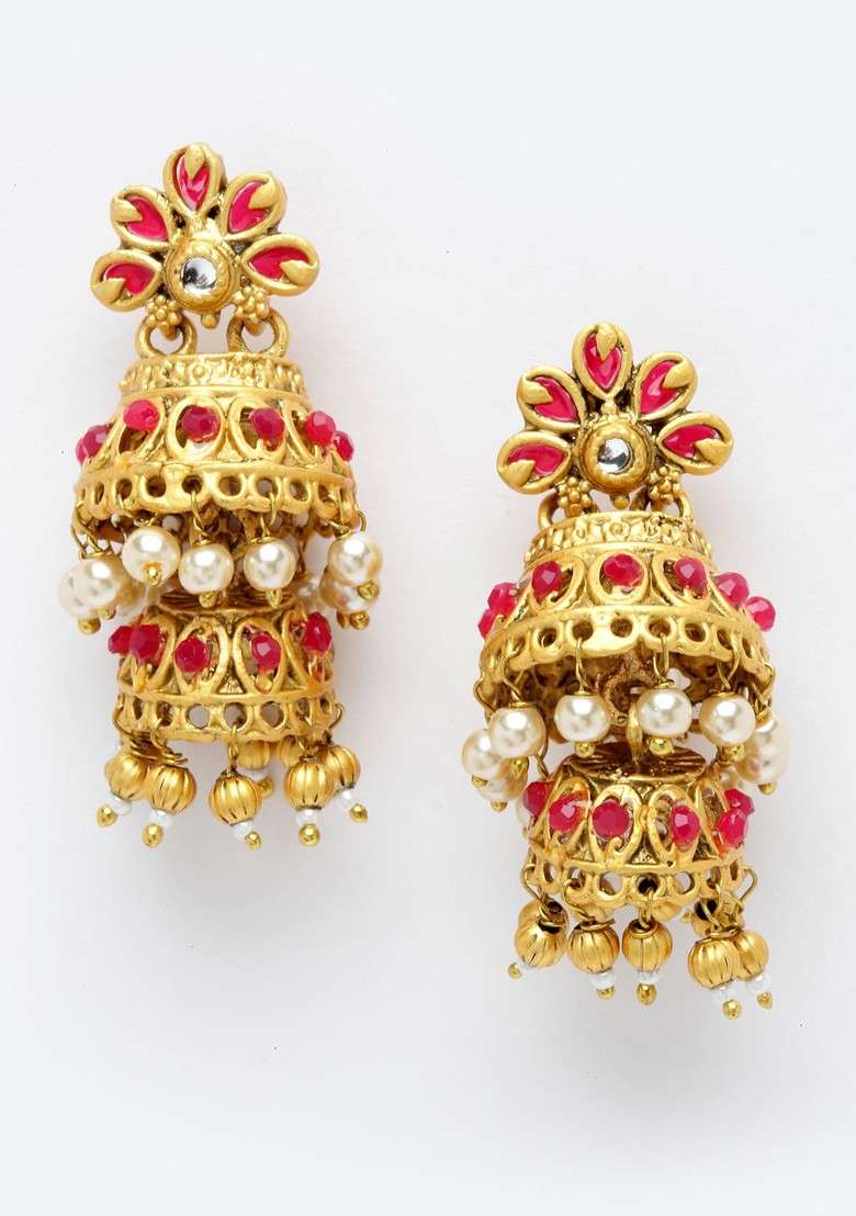 Gold Plated And Red Stone Studded And Beaded Jewellery Set - Indya