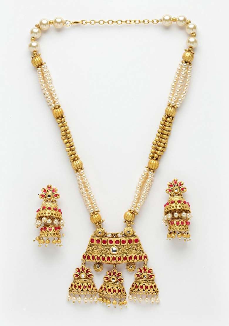 Gold Plated And Red Stone Studded And Beaded Jewellery Set - Indya