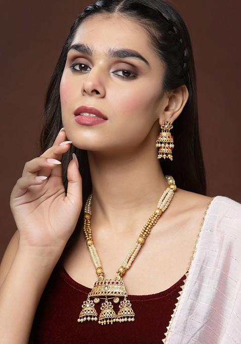 Gold Plated And Red Stone Studded And Beaded Jewellery Set