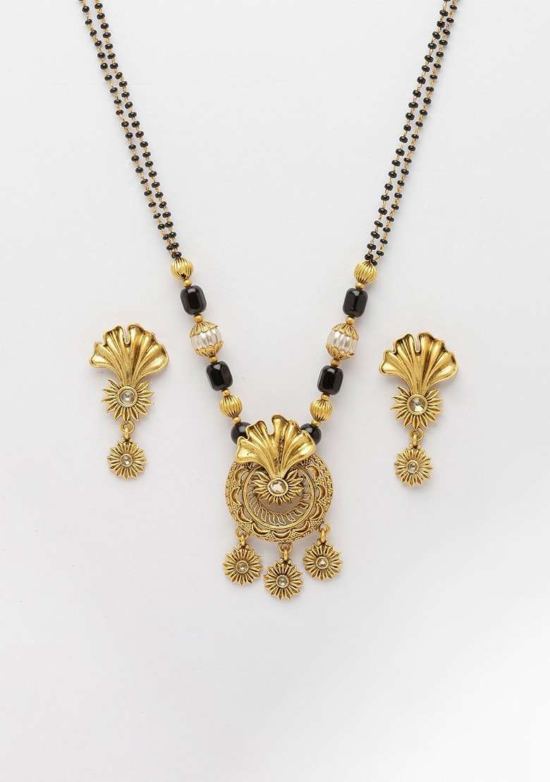 Gold Plated And White Stone Studded And Black Beaded Mangalsutra - Indya