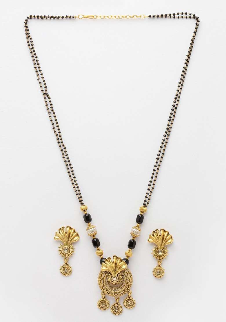 Gold Plated And White Stone Studded And Black Beaded Mangalsutra - Indya