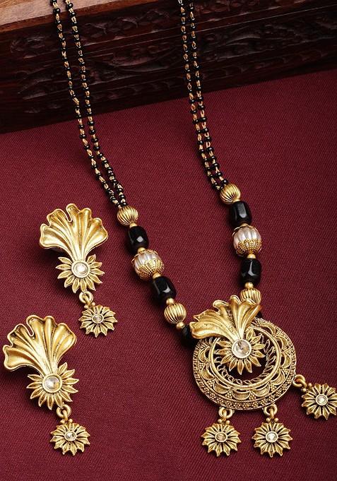 Gold Plated And White Stone Studded And Black Beaded Mangalsutra