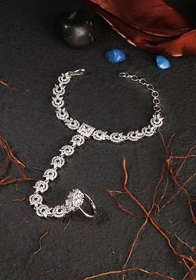 Women Silver Toned And White Brass Rhodium Plated Ring Bracelet