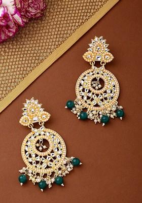 Women Gold Plated Kundan Studded Drop Earrings