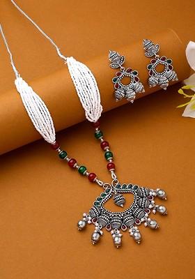 Oxidised Silver Plated White And Red Stone Studded And Pearl Beaded Jewellery Set