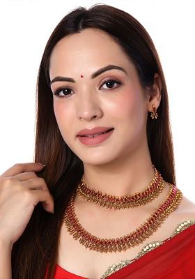 Gold Plated Pink Stone Studded Dual Necklace Jewellery Set