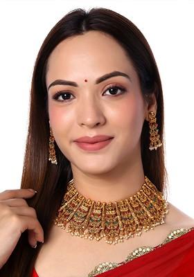 Women Red And Green Gold Plated Stone Studded And Beaded Temple Jewellery Set